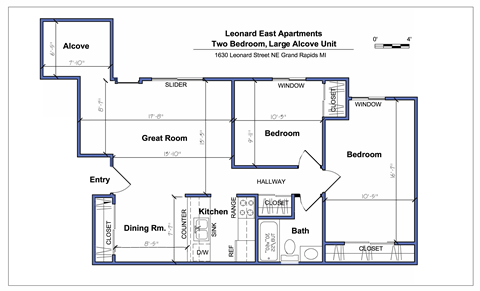 A floor plan of apartment with two bedrooms and a large alcove unit.